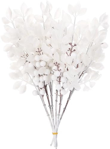 Sea Team 6-Pack Artificial Glitter Holly Berry Twigs, Bacca Stem Ornaments, Decorative Bead Sticks, Picks, Branches for Christmas Tree, Wreath, Vase Fillers for Centerpieces, Home Décor, White