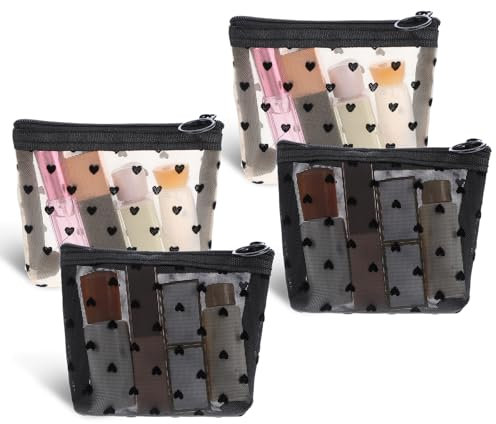 4 Stück Herzdruck Mini Kosmetiktasche mit Reißverschluss, Kosmetiktasche für die Handtasche, tragbare Kulturtasche mit Reißverschluss für Damen, Lippenstift, Kosmetikzubehör (Schwarz/Beige)