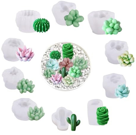 10 Stück Kerzen Silikonformen, Kaktus Pflanze Silikonformen Gießformen, 3D Sukkulenten Kerzen Formen Silikon, Kerzenformen Silikon für DIY Handgemachte Seife Kuchen Dekoration Kerze