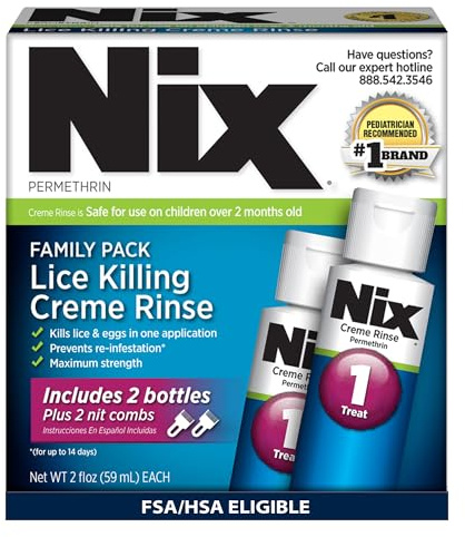 Nix Lice Treatment Family Pack, Kills Lice & Eggs, 2 Bottles Permethrin Crème Rinse (2 Fl Oz Each) & 2 Lice Combs