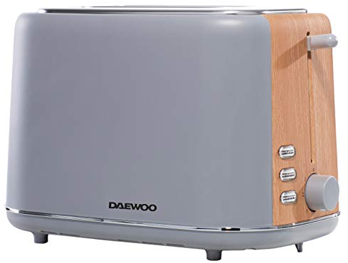 Daewoo SDA1737 Stockholm 2 Slice Matte Finish Wood Effect Toaster | Cancel, Defrost & Reheat 6 Time Settings | Self Centre Function | Bread Size 12cm x 12cm-Slide Out Crumb Tray | 800W Power-Grey
