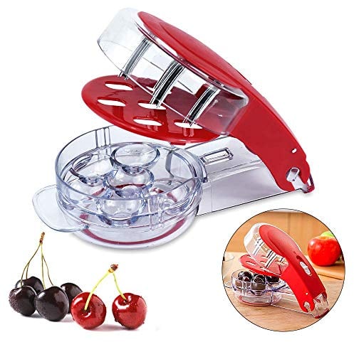 TAOHUIEU Cherry Stoner Remover, Multi Cherry Pitter Cherry Stone Seed Removal Core Easy Squeeze with Grip 6 Cherries at Once (Red) (L) (Green) (Red)