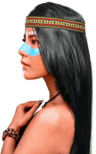 Indianer Perücke mit glatten langen Haaren in schwarz + passendes Kopfband für Damen & Herren Fasching Karneval