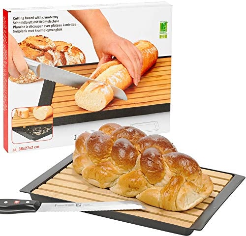 Wooden Bamboo Cutting Board with Metal Crumb Catcher Tray for Bread Chopping Slicing and Serving