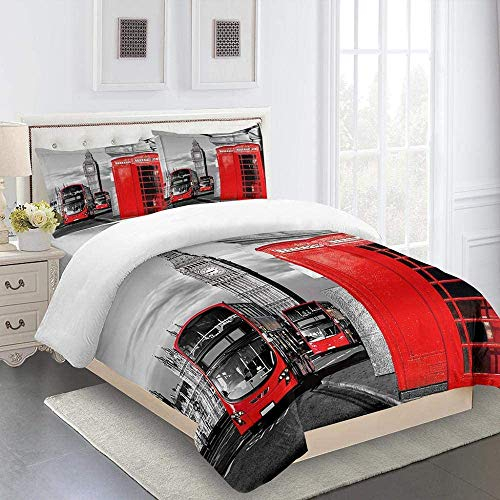 MQBHJI Bettwäsche 155X220cm Mikrofaser 3 Teilig - 3D Londoner Busstraße Bettbezug Set, Weiche Flauschige Hypoallergen Bettbezüge Mit Reißverschluss Und 2 Kopfkissenbezug 80X80cm