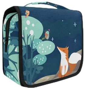 Renard Oiseaux Bleus Trousse de Toilette à Suspendre Rangement MaquillageSac Voyage Portable Pliable Salle de Bain Trousse de Cosmétique pour Femmes Filles