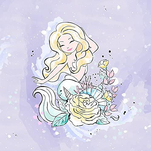 Keine Meterware, Stoffe zum Nähen für Kinder, 40x50cm, 95% Baumwolle: 1 French Terry Sweat Stoff Panel mit Nixe und Blumen - 40x50cm - Mädchen Sommersweat mit lila - Leander