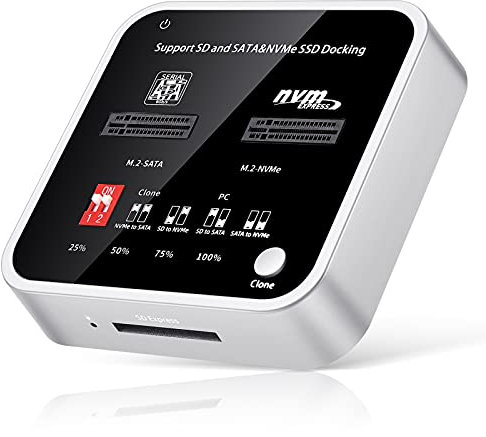 SupaGear Duplicador M.2 NVME/SATA M.2 SSD/SD Express Card Docking Station para M2 SSD M Key&M+B Key,Soporta discos duros de hasta 8TB con duplicador de clon sin conexión y función de apagado