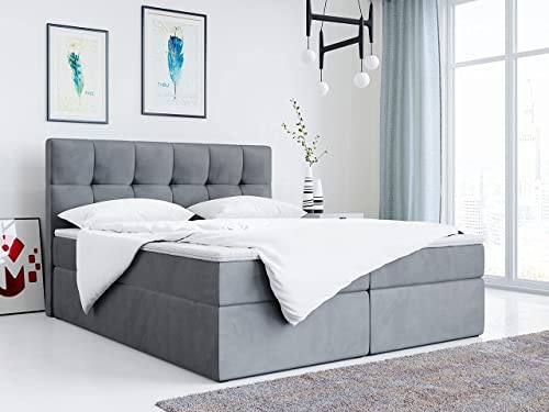 MKS MEBLE Boxspringbett 180x200 mit Bettkasten Grau Samt, Bett mit Matratze H3 Topper, Polsterbett 180x200 mit Bettkasten Kopfteil, Boxspringbett mit Matratze H3, RICO Dunkelgrau Velvet