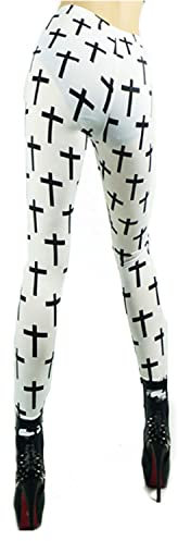 Rubberfashion Kreuz Leggings - glänzende Leggin mit Kreuzmuster bis zur Hüfte für Frauen und Mädchen Perle Weiss S/M