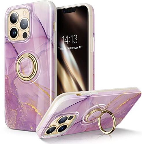 GVIEWIN für iPhone 13 Pro Hülle Mit Ringständer Ständer Stoßfest Marmor TPU | Integrierter 360°drehbarer,Schlank,Stoßfest Schutzhülle Stilvoller Luxuriös,6,1 Zoll 2021,Romantisches Lila