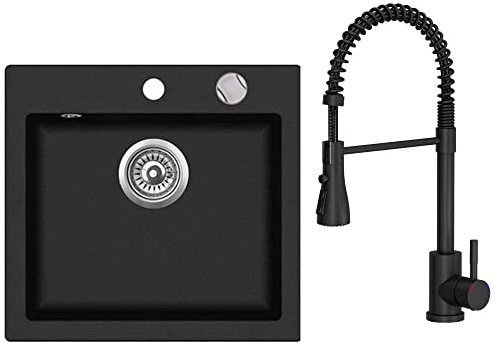 VBChome Spülbecken mit Armatur 50 x 47 cm Schwarz Granit Spüle Einzelbecken Küche Einbauspüle Verbundspüle Küchenspüle gesprenkelt Spülbecken Siphon Armatur