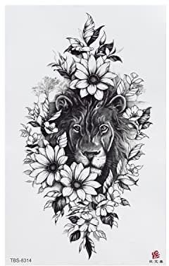 1 x XL Löwen Tattoo - Mit Blumen in schwarz - Temporary Haut Tattoo - TBS8314 (1)