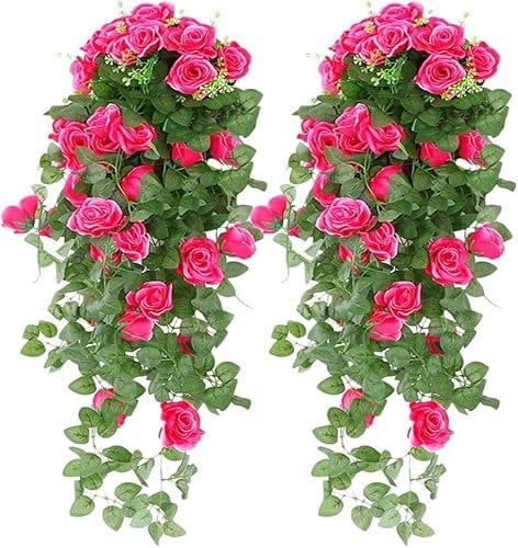 MJARTORIA Set of 2 Artificial Rose Flowers Basket Vine Fake Hanging Basket Plant Vine Fake Silk Trailing Flower for Garden Balcony Fence Outdoor Indoor Door Decoration (C Rosa Pink)