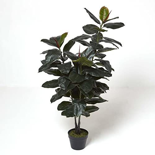 HOMESCAPES 130 cm Tall Artificial Rubber Plant in Pot Faux Ficus Artificial Tree with Real Touch Leaves for Indoor Decoration