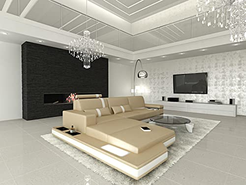 Ledersofa Messana L Form Sofa - mit LED Beleuchtung, verstellbare Kopfstützen, Recamiere/Lederfarben wählbar/Ausrichtung Ottomane wählbar (Ottomane Links, Sandbeige-Weiß)