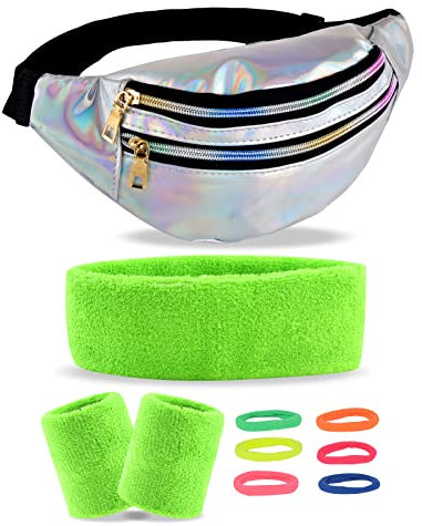 80,90er Jahre Gürteltasche Damen Bauchtasche Metallic 3 Fächer Schultertaschen mit Leuchtendes GrünArmbänder und Stirnband, Neon-Haargummi für 80er 90er Kostüm Fasching Karneval