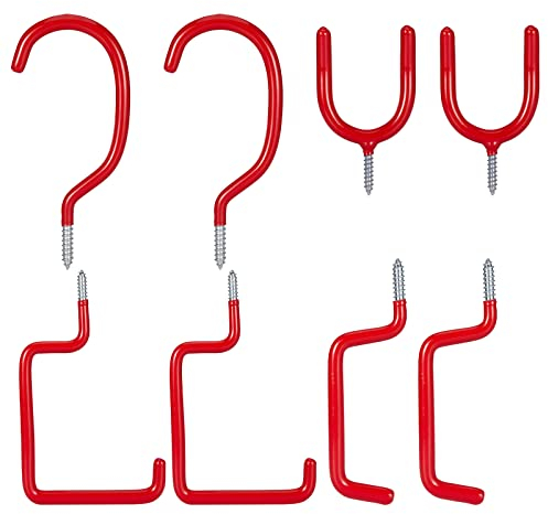 Set Mit 8 Fahrrad Lagerung Haken, Wandhaken Edelstahl PVC-beschichtet Schraubhaken, Garagenhaken, Stahl Strapazierfähige Doppelhaken, Universal Haken Sortiment Für Leitern, Geräteschuppen(Rot)