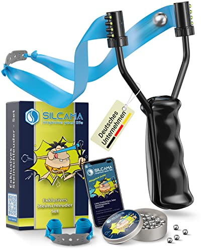 SILCAMA Exklusives Steinschleuder Set - Klassische Zwille für Profis und Einsteiger im Bereich Sport und Outdoor. Bundle mit Slingshot, 100 Stahlkugeln, Ersatzgummi und E-Book