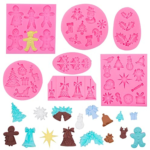 ZOOMPIL 7 Stück Weihnachts Fondant Formen, Silikonform Fondant, Form von Weihnachtsbäumen, Rentier, Schlitten, Socken und Glocken, für Geburtstagstorte Dekoration