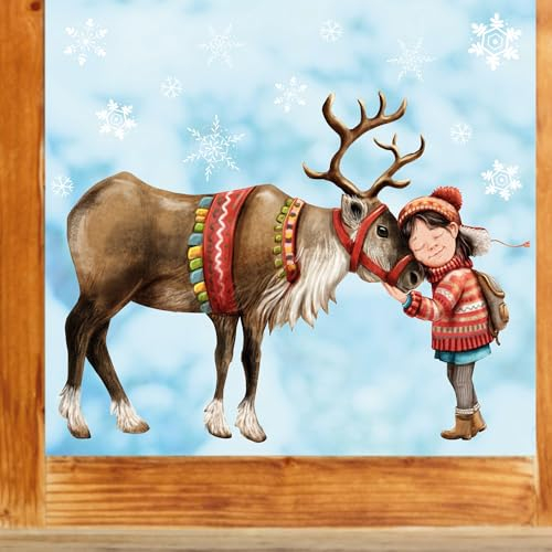 Wandtattoo Loft Fensterbild Weihnachten Winter Mädchen Rentier Elch Schneeflocken Fensteraufkleber wiederverwendbar, 2. A3 Bogen