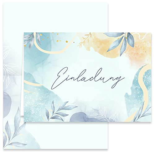 10x Einladungskarten Blau Aquarell mit Umschlägen Klappkarten Einladung Party Geburtstag Umschläge elegant Hochzeit Jubileum 20 30 40 50 60 70 80 Blätter Vintage