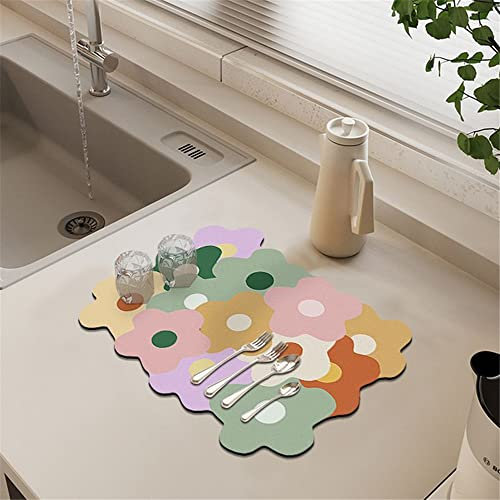 Morbuy Tapis Égouttoir Vaisselle, Fleurs Tapis de Séchage Vaisselle Super Absorbant, Tapis Évier Cuisine à Séchage Rapide, pour Les Comptoirs de Cuisine de Bar à Café (30x40cm,Fleur verte rose)