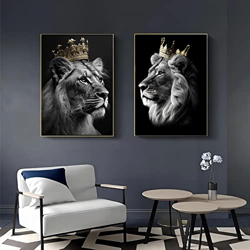 Löwe und Löwin mit Krone Leinwand Bilder,Schwarz Gold Tier Poster Dekoration,Afrika Löwin Kunst Drucke für Schlafzimmer bild Wohnkultur Dekor Kein Rahmen (Löwe A, 50x70cm*2)