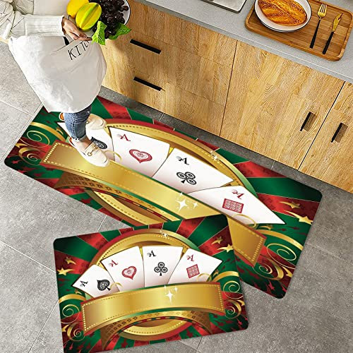 Küchenteppich Teppich Läufer Küchenläufer 2 Stück rutschfest,Pokerturnier, Glücksspiel Reichtum Spielkarten Hand Casino Roulette Gewinnen Drucken Dekor, Waschbar für Flur Küche 40 x 100 cm+40 x 60 cm