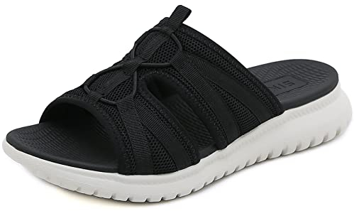 Acfoda Schiebe Sandalen Damen mit Weiches Fußbett Leicht Bequeme Orthopädische Pantoletten Slip On Hausschuhe Mesh Sommer Schuhe Hinten Offen Flach Schlappen Arch Support Slipper Schwarz 40