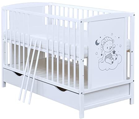 Baby Delux Babybett Kinderbett Gitterbett weiß 120x60 cm Schublade Schutzgitter Rausfallschutz Matratze Motiv Traumbär (mit Komfort Matratze 120x60x9 cm)