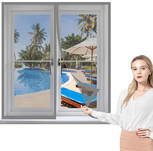 Fliegengitter Fenster 85 x 130 cm, Insektenschutz Selbstklebendes Fliegengitter für Fenster, Auto Schließen Faltbar für Alle Arten von Fenstern, Grau