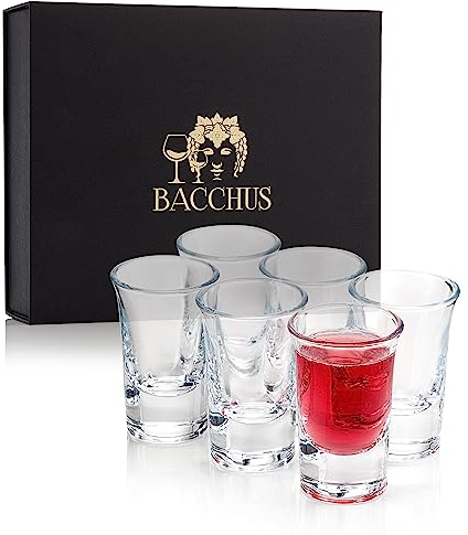 BACCHUS GlassWare Shot Glasses Set of 6 Clear Glass Shots Fancy 30ml Heavy Base Suitable for Tequila Baby Guinness Whiskey Espresso Soju Alcohol and Desserts Dishwasher Safe (6 Pieces)