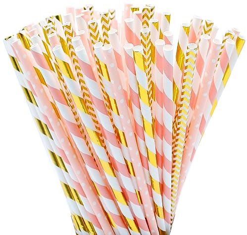 Paper Drinking Straws, 100Pcs Drinking Straw Biodegradable Recyclable, Party Straw for Juice, Cocktail, Birthday, Wedding, Christmas (Pink & Gold)
