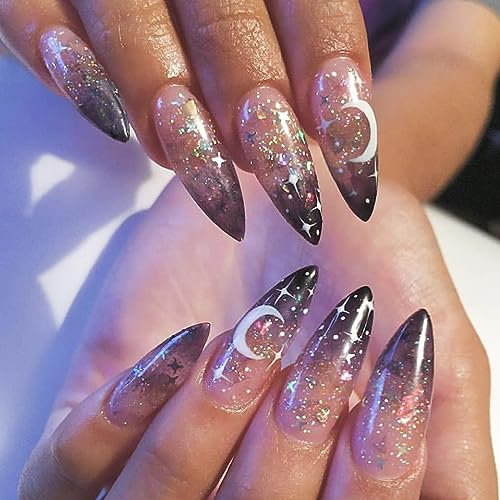 Yatinkim Halloween Press on Nails Almond Long Fake Nail Moon Star Acrylic Stick on Nails Tips Glossy Manicure Art for Women Girls Black Gradient 24PCS