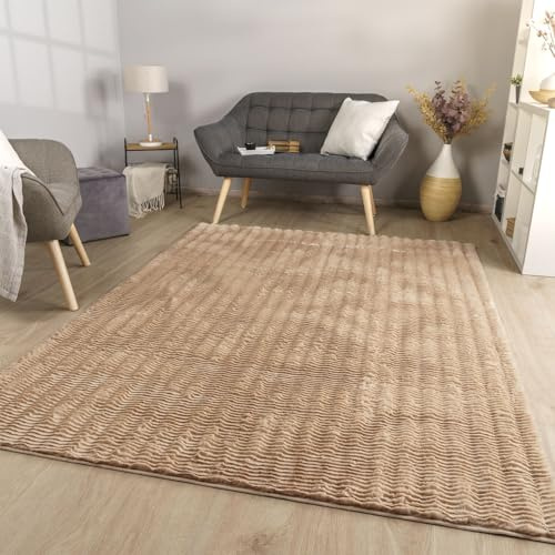 TT Home Wohnzimmer Teppich Esszimmer Langflor Skandi Optik Geometrisch 3D Unifarben, Farbe:Beige Creme, Größe:120x160 cm