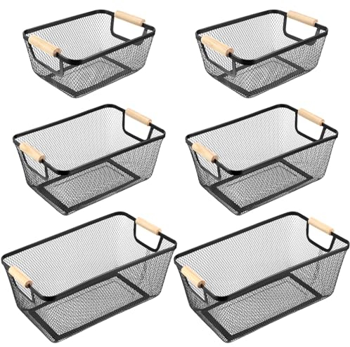 Maxcheck 6 Stück Metalldrahtkörbe, Holzgriffe, Stahlgeflecht, Aufbewahrungskörbe, Organizer für Zuhause, Schränke, Speisekammer, Schrank, Küche, Lebensmittel, Obst, Make-up, Geschenk, Gefrierschrank,