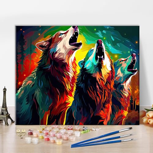 TISHIRON Drei Wölfe Malen nach Zahlen Erwachsene Tiere DIY Ölmalerei nach Zahlen für Erwachsene mit Pinseln Wald Wildlife Malen nach Zahlen Kits Kunsthandwerk 40 x 50 cm(rahmenlos)