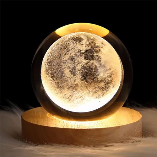 XibeiTrade Veilleuse Boule de Cristal 3D, Lampe de Nuit Boule de Verre avec Base en Bois, alimentée par USB, Lampe Boule de Cristal Lumineuse, boule cristal système solaire(la lune)