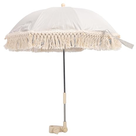 Sombrilla Portátil Compacta para Cochecito de bebé con Fuerte Resistencia Al Viento, Diseño de Borla Moderno, Material de Tela Oxford para Sombrilla Al Aire Libre (Beige)