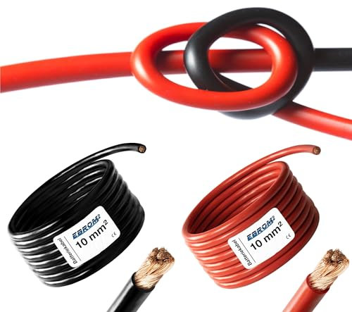 EBROM HI-FLEX - 5 Meter hochflexibles Batteriekabel - rot und schwarz - Pluskabel und Massekabel - 10mm2 | 10 mm² | 10 mm2 - Vollkupfer 99,9% OFC Kupfer Stromkabel - Ihre Länge: je 5 Meter