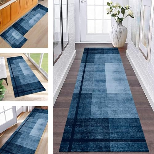 ZESEWU Abstrakte Läufer Flur Küche Waschbar rutschfest Korridor Teppichmatten 60X200CM Blau Lang Küchenteppich Flurteppich Läufer Schlafzimmer Esszimmer Polyester Teppichläufer Meterware Anpassbar