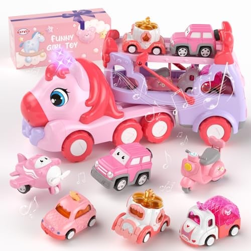usrela Jouet de Camion pour 1 2 3 Ans Fille, 7-en-1 Camion de Transporteur de Enfants avec la Lumière et Le Son, Jouets de Filles en âge 1-3 2-4, Cadeau de Noël d’Anniversaire pour 1 2 3 Ans Fille