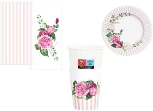 Set 32 pezzi - Coordinato tavola FLORAL PINK PEONIE rosa, Decoro feste, compleanno, matrimonio, comunione, cresima - 8 piatti 21cm + 8 Bicchieri + 16 tovaglioli in 2 decori assortiti