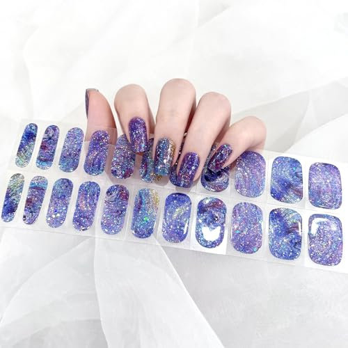 Gel Nail Strips - 20 Stickers, Soft Self-Upgrade, Full-Cured, Adhesive, Lasting 15 Days, No UV/LED Lam (37-Blue)