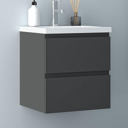 Biubiubath Badezimmermöbel 50cm Keramik Waschtisch mit Unterschrank Badmöbel Set Badezimmerschränke mit 2 Soft-Close Schubladen Dunkelgrau Matt