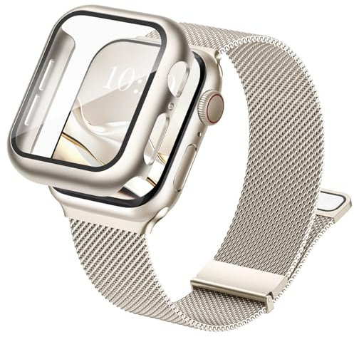 Raradev 3-in-1 Compatible with Apple Watch Metal Straps 40mm with Case & Screen Protector, Dual Magnetic Band and Protective Cover with 9H Tempered Glass for iWatch SE3 Series 6/5/4, Starlight
