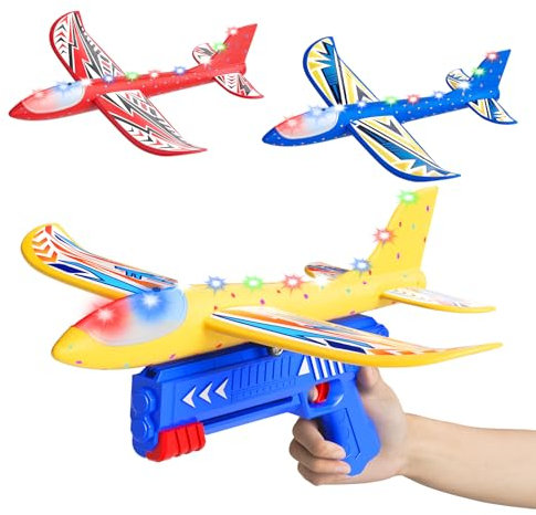 Doloowee Flugzeug Launcher Spielzeug, 3 styroporflieger mit Katapult, 2 Flug Modi & LED Beleuchtung,Outdoor Spielzeug & Geburtstag Geschenke für Jungen Mädchen 3 4 5 6 7 8 9 10 Jahre alt