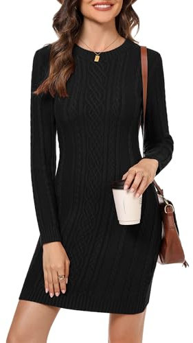 Aottori Winter Jumper Dress for Women UK Crew Neck Sweater Dress Long Sleeve Cable Knitted Jumpers Solid Bodycon Knitwear Pullover Black XXL