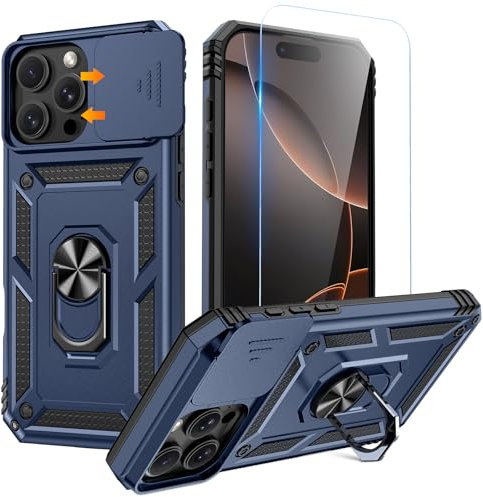 Goton Schutzhülle für iPhone 16 Pro Max mit Displayschutzfolie, Kamera-Abdeckung, Schutzhülle mit Ringständer, strapazierfähig, stoßfest, robust, für iPhone 16 Promax-Zubehör, Blau